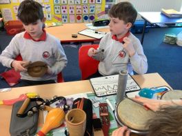P7 boys and girls enjoyed composing a soundscape with graphic score and percussion instruments